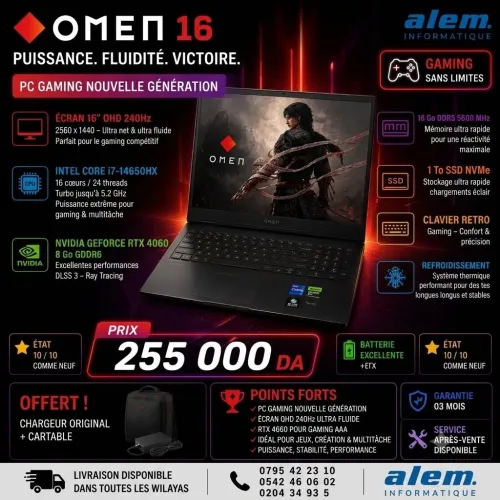 HP OMEN 16 / i7-14650HX / 16 Go DDR5 / RTX 4060 / QHD 240Hz