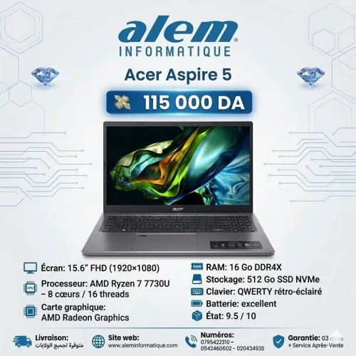 Acer Aspire 5 / Ryzen 7 7730U / 16 Go / 512 Go SSD / 15.6 FHD