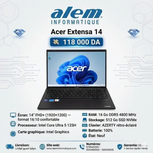 Acer Extensa 14 / Ultra 5 125H / 16 Go DDR5 / 512 Go SSD / 14 FHD+