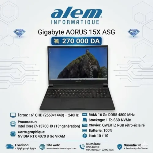 Gigabyte AORUS 15X ASG / i7-13700HX / 16 Go DDR5 / RTX 4070 / QHD 240Hz