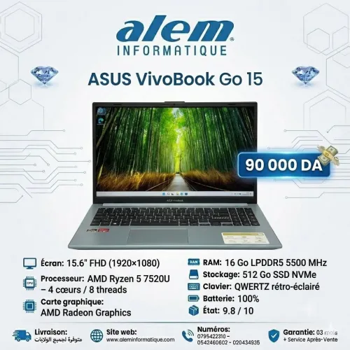 ASUS VivoBook Go 15 / Ryzen 5 7520U / 16 Go DDR5 / 512 Go SSD / 15.6 FHD