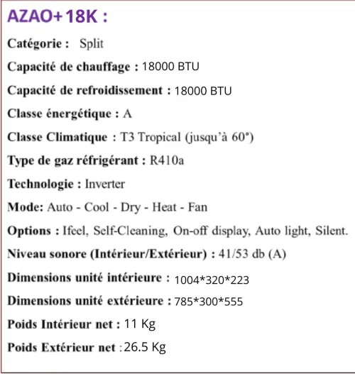 CLIMATISEUR SPLIT AZAO+ T3 SUPER TROPICAL 18000 BTU (INVERTER)