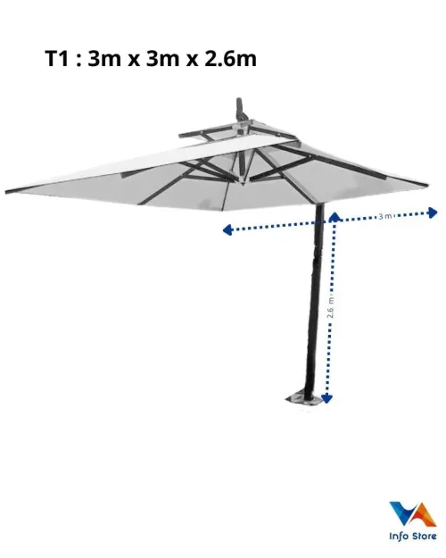 parasol t1 (3m sur 3m) avec socle et fixation sur le sol (a votre choix)