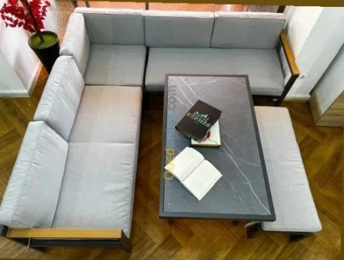 SALON JARDIN EN ALIMINIUM FORME L COULEUR GRIS