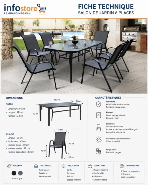TABLE DE JARDIN 06 CHAISES EN METAL EPOXY