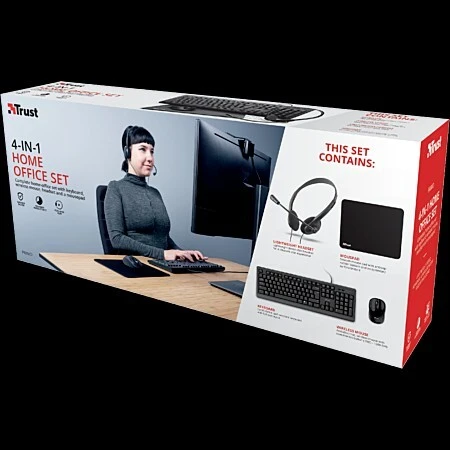 Trust Primo Kit Télétravail 4-en-1 Clavier AZERTY, Souris sans Fil, Casque avec Micro, Tapis