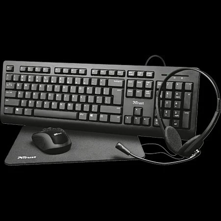 Trust Primo Kit Télétravail 4-en-1 Clavier AZERTY, Souris sans Fil, Casque avec Micro, Tapis