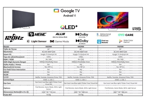 TV IRIS 75" QLED+ Q7030 120HZ SMART GOOGLE TV 4K UHD ANDROID 75 POUCES