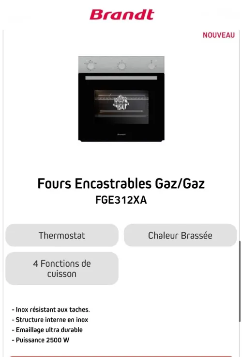 Four encastrable Brandt Gaz-Gaz inox