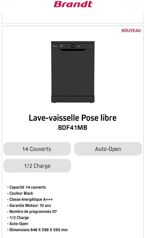 Lave vaisselle Brandt 14 couvert black