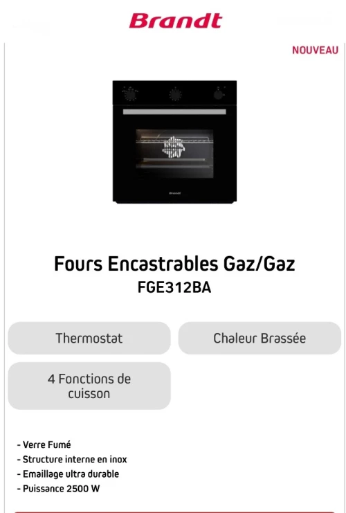 Four encastrable Brandt Gaz-Gaz noire