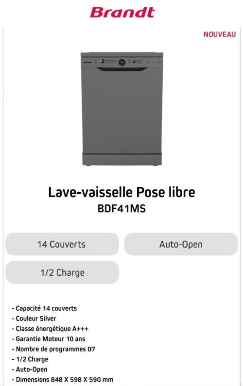 Lave vaisselle Brandt 14 couverts silver