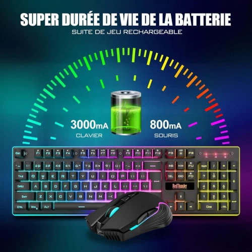 RedThunder K10 Clavier ET Souris Gaming sans Fil, AZERTY, RGB, Rechargeables,  Souris 7D  3200DPI 