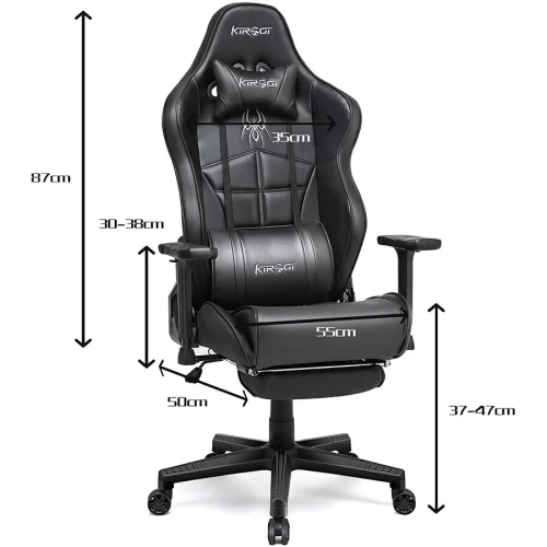 KIROGI SIÉGE GAMING 2076 XL - ACCOUDOIR 5D - REPOSE-PIEDS - ROTATION À 360 - ERGONOMIQUE - NOIR