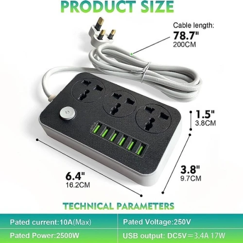 MULTIPRISE LDNIO SE3604 3 PRISES + 6 USB 2500W
