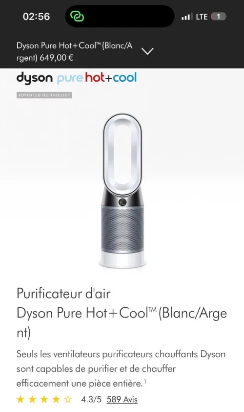 Dyson purificateur 3 en 1 hot cool hp04