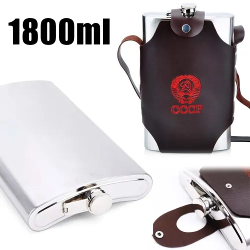 Gourde/Flasque Métallique 1,8 L en Acier Inox avec Étui en Cuir pour Camping et Randonnée