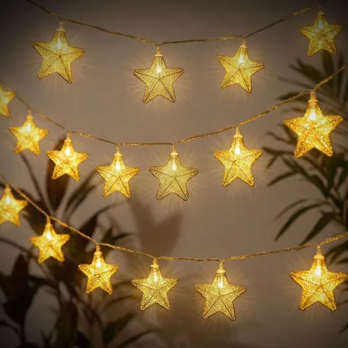 Guirlande LED Étoiles Dorées 16 Lumières avec Filet Métallique