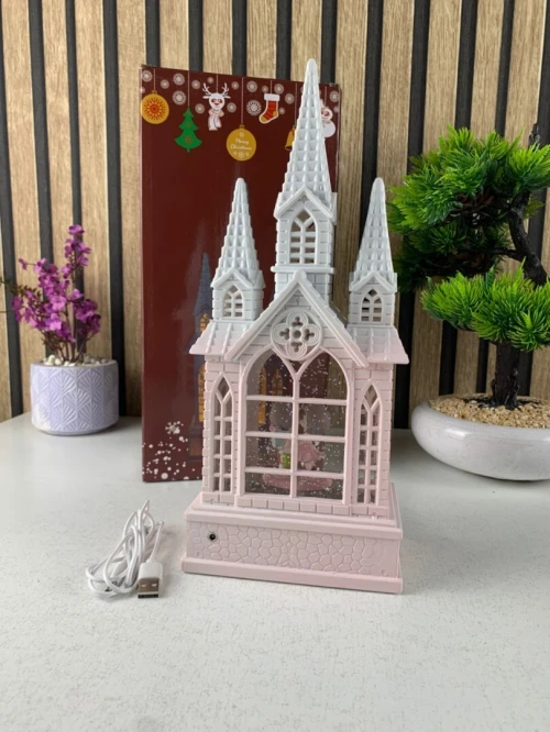 Château Décoratif à Neige Tourbillonnante avec Lumières LED