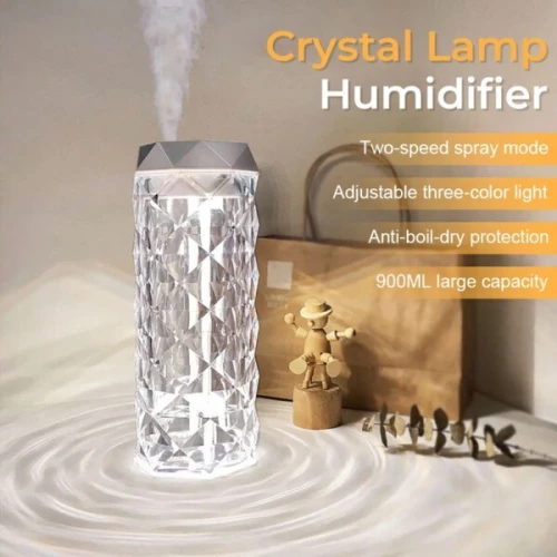 Lampe Cristal 3 en 1 : Humidificateur dAir, Diffuseur dArômes & Veilleuse USB 900ml