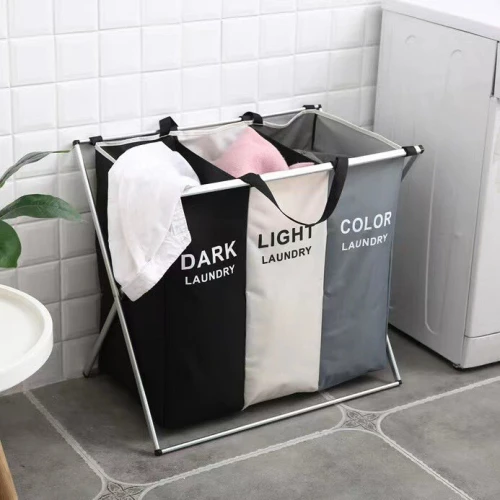 Panier à linge sale pliable avec 3 grilles pour séparer les vêtements V3