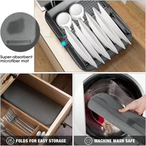 Égouttoir de Cuisine Compact et Pliable avec Tapis Enroulable et porte cuillère
