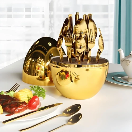 Set de Couverts 24 Pièces  Design Luxe en Forme dŒuf Doré