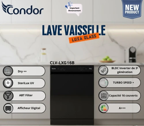 LAVE VAISSELLE CONDOR LUXA GLASS VERRE NOIR AUTO DOSE 16 COUVERTS