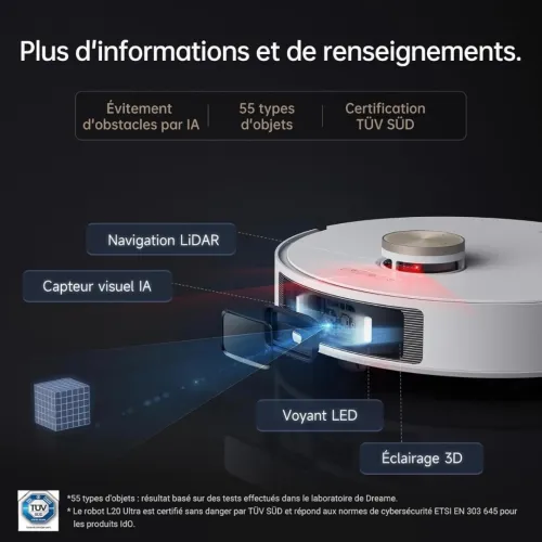 Robot Aspirateur Laveur Avec Station Dreame L20 Ultra-7000PA-260MIN Autonomie