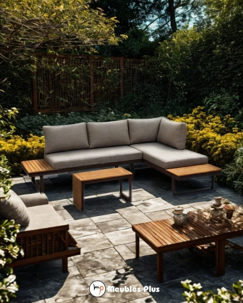 SALON ANGLE JARDIN MODULABLE 5 PLACES AVEC TABLE BASSE ALUMINIUM