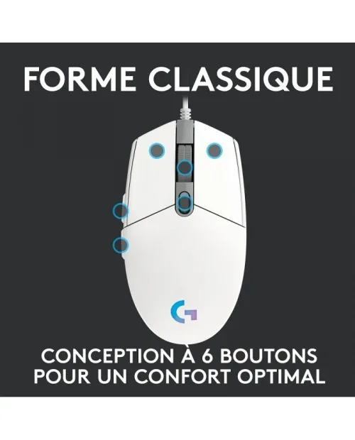 SOURIS LOGITECH FILAIRE GAMING G102 WHITE RGB