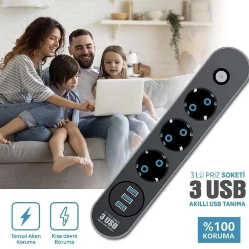 Multiprise rallonge 3 Prise + 3 USB 2500W avec interrupteur 2m FULLTECH FTR-01