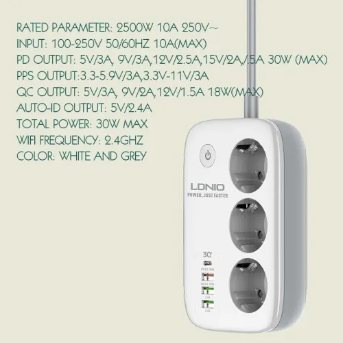 LDNIO SEW3452 Multiprise Connectée Wi-Fi 3 x Prise + Chargeur 3 x USB + 1 x Type-c PD QC