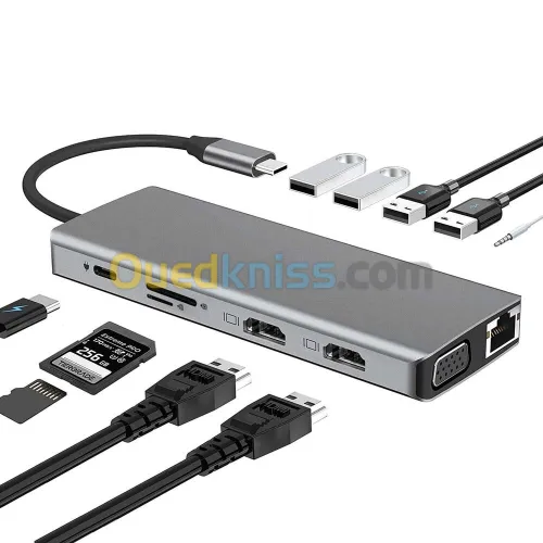 HUB Adaptateur 12 en 1 Type-c vers 2 x HDMI 4K VGA RJ45 USB 3.0 USB 2.0 SD TF AUX Type-c PD 100W