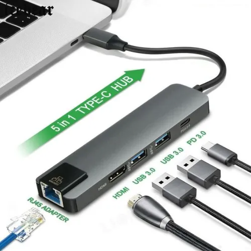 Adaptateur HUB 5 en 1 USB-C type-c to vers HDMI + RJ45 + Type-C + 2 * USB 3.0