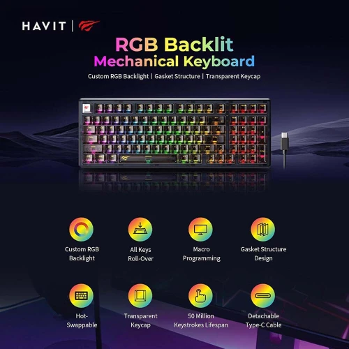 HAVIT KB875L Clavier Mécanique Gaming Type-c avec Rétroéclairage RGB