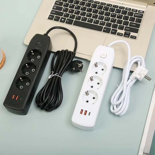 Multiprise Rallonge 3 Ports Prise AC 2500W + Chargeur AUTO-ID 2.1A 2 x USB + USB-C PD 2m Q602