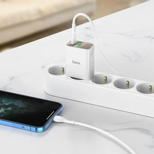 Chargeur Type-c 20W + USB QC3.0 HOCO C100A avec affichage Puissance + Cable USB-c Vers Lightning 1m