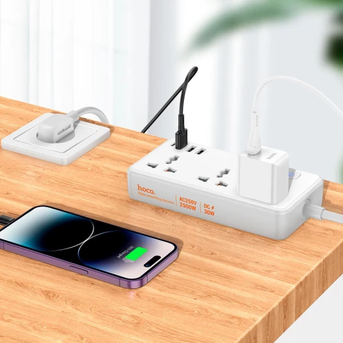Multiprise Rallonge chargeur Multifonction 3 x Prise + 3 x USB QC3.0 + 1 x Type-C PD 30W HOCO AC8A