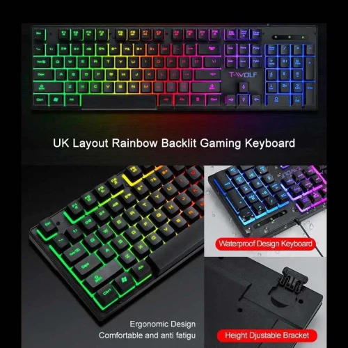 T-Wolf TF-400 Kit Combo Gaming USB RGB 4 en 1 Souris Clavier Casque Tapis