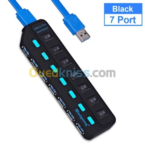 Hub USB 3.0 7 Ports USB Avec Interrupteur Marche/Arrêt Pour PC Linux MacOS Model:704