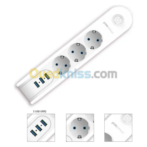 Multiprise rallonge 3 Prise + 3 USB 2500W avec interrupteur 2m POLOSMART MP09