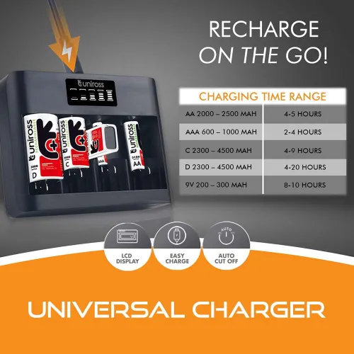 Chargeur de pile Batterie Universelle UNIROSS pour AA, AAA, C, D, 9V UCU008