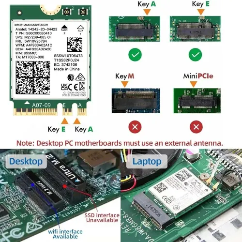 Carte Adaptateur sans fil WiFi 6E Intel AX210NGW Bluetooth 5.3 2.4G/5G/6GHz 802.11AX