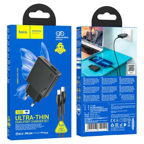 Chargeur Ultra Fin HOCO N38 Double Port USB QC3.0 + Type-c PD 20W + Cable Type-c vers Type-c 1m
