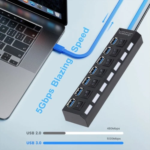 Hub USB 3.0 HI-Speed 7 Ports USB Avec Interrupteur Marche/Arrêt Pour PC MacOS