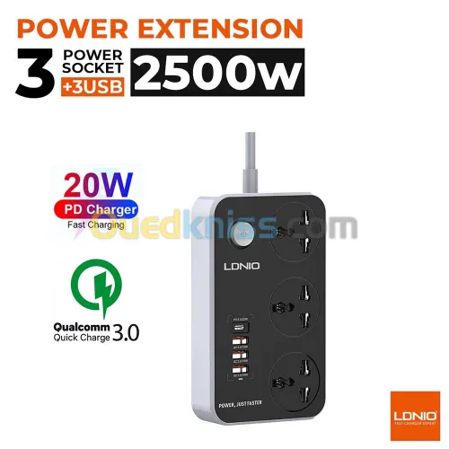 Multiprise rallonge universelle LDNIO SC3412 Chargeur 3 USB QC3.0 + 1 Type-C PD 20W 3 Prise 2500W 2m
