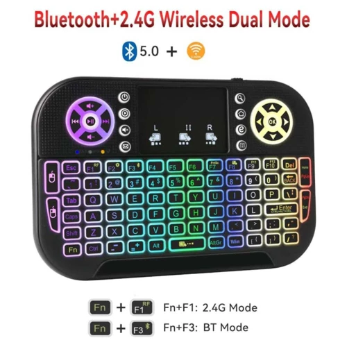 Mini clavier sans-fil 2 en 1 2.4Ghz + Bluetooth rechargeable rétroéclairé Pour Smart Tv Android Box Laptop
