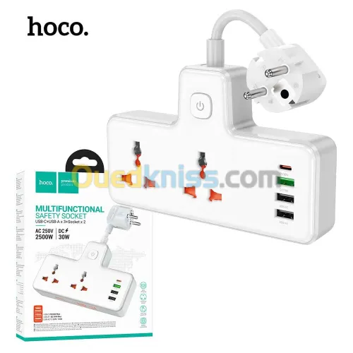 Multiprise universelle Chargeur HOCO AC12A 2 Prise AC + 3 USB + 1 USB-C PD 30W - 2500W