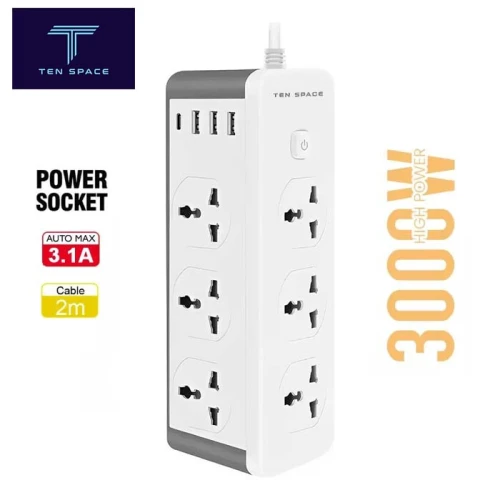 TEN SPACE TS-SOCKET02 Multiprise rallonge chargeur 6 Prises 3000W + 3 USB 3.1A + 1 PD Type-c